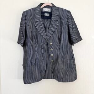 RENZO Linen Pinstripe Skirt Suit Blue SilverTailored Preppy EU 42 US 10 12